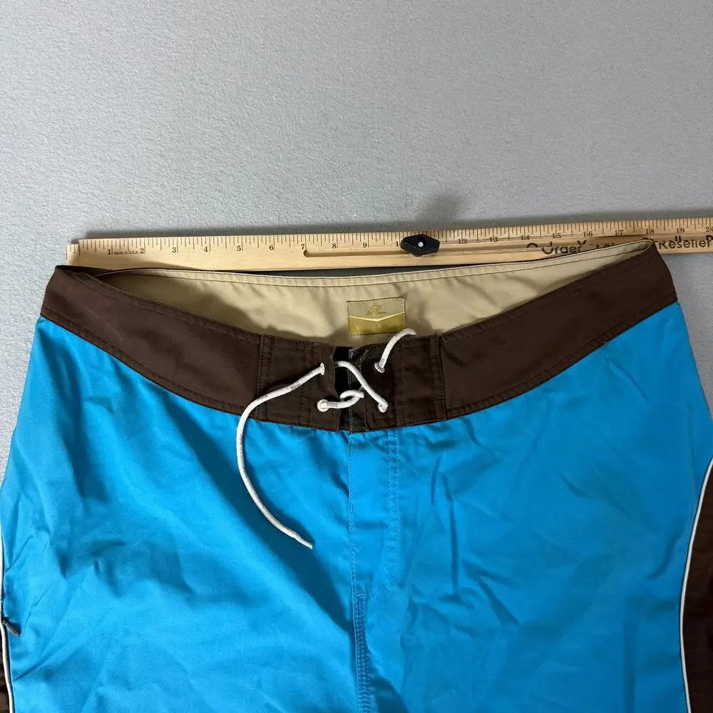 Hobie Men's Board Shorts Blue Brown Tan Colorblock Drawstring Surf Swim Trunks
